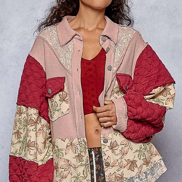 P59. NEW POL Quilted Lace Jacket Floral Pearls Balloon Sleeve Relaxed Fit Mauve - Picture 5 of 9